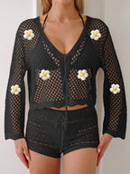 Women Lace up Cardigan Hollow Out Cutout out Woven Shirt Embroidered Floral Stitching Beach Sun Protection Long Sleeved Blouse Casual Coat Bella Mia