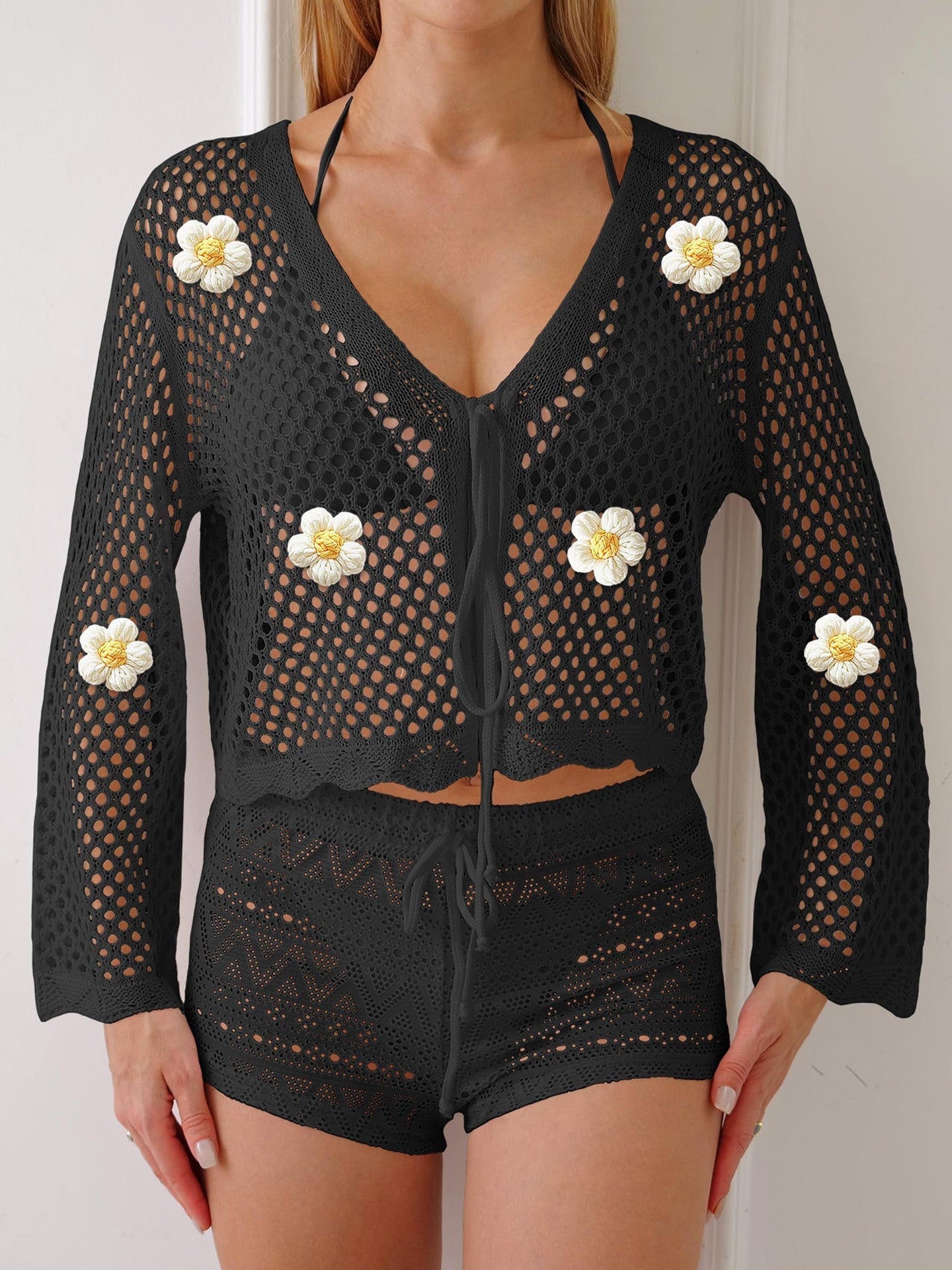Women Lace up Cardigan Hollow Out Cutout out Woven Shirt Embroidered Floral Stitching Beach Sun Protection Long Sleeved Blouse Casual Coat Bella Mia