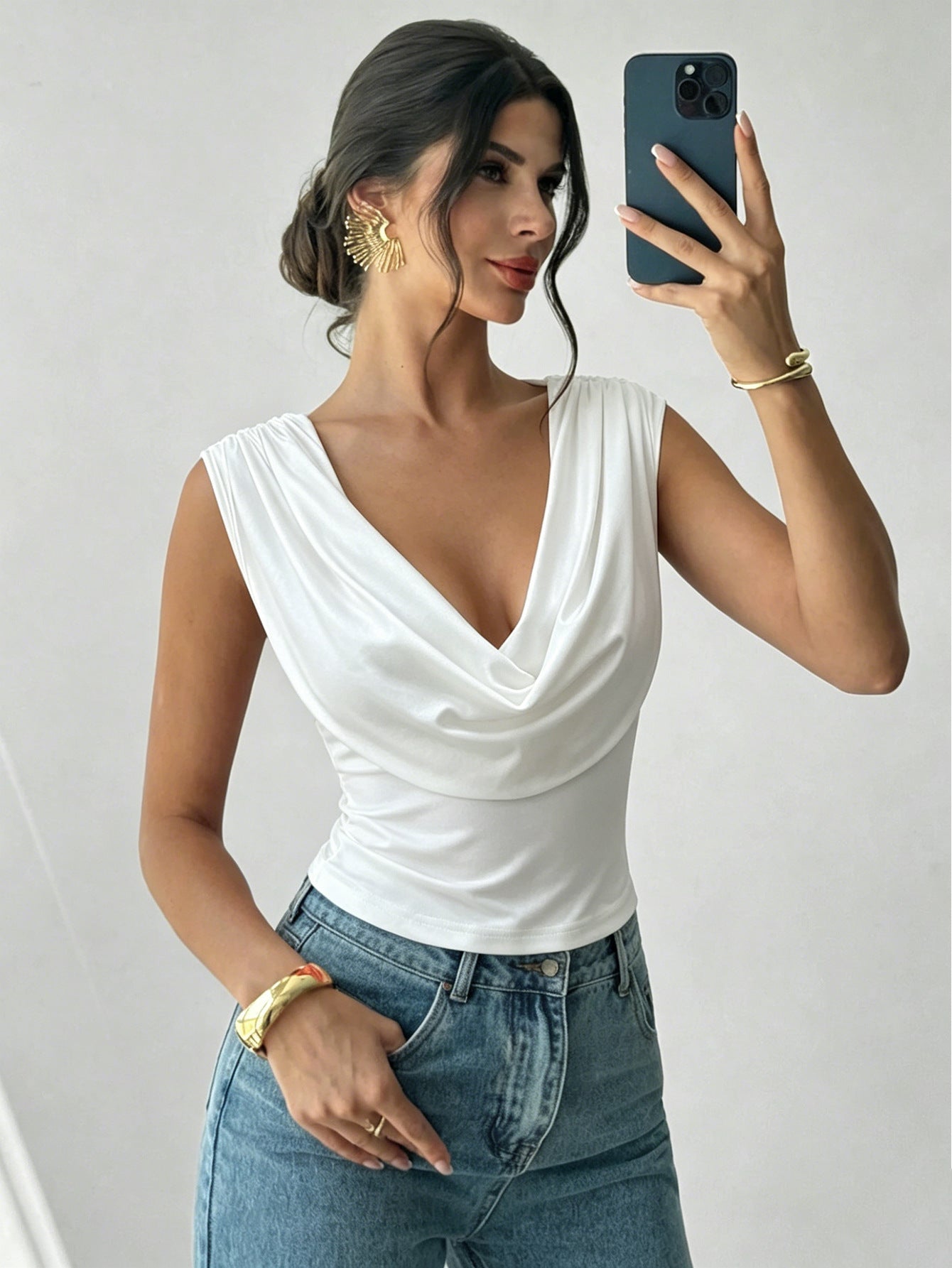 Summer Swing Collar Sleeveless T shirt Waist Slimming Sexy Short Top Women Bella Mia
