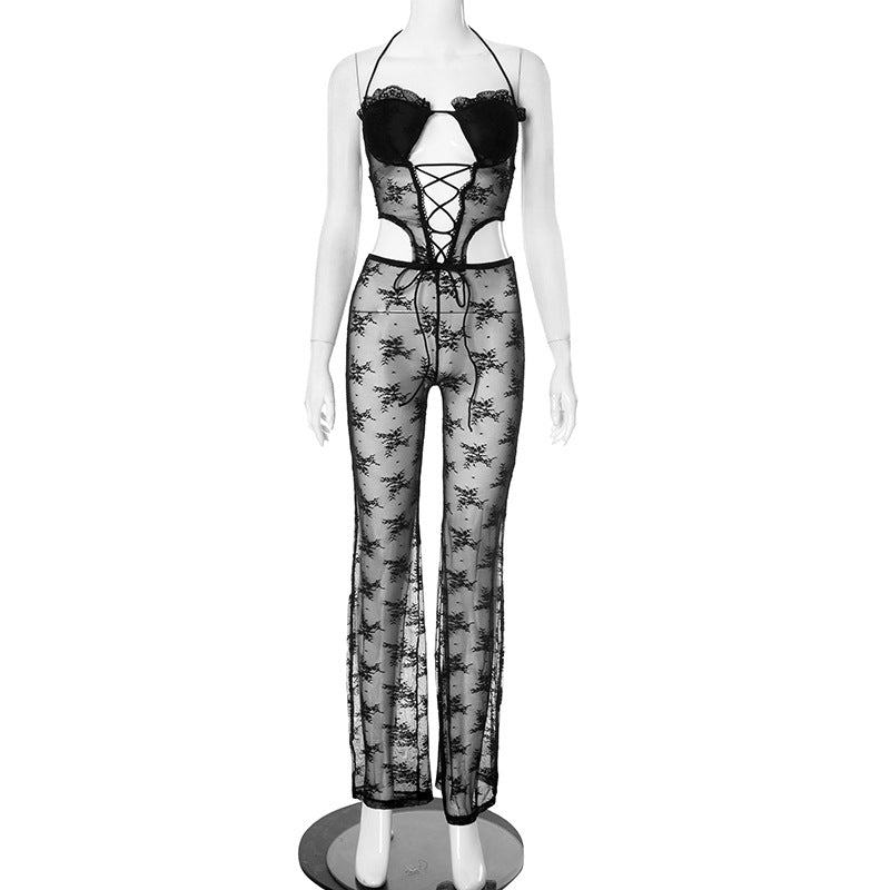 Women Spring Summer Lace Ribbon Padded Halter Lace up Tube Top Hollow Out Cutout-out Cropped Jumpsuit Bella Mia