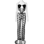 Women Spring Summer Lace Ribbon Padded Halter Lace up Tube Top Hollow Out Cutout-out Cropped Jumpsuit Bella Mia