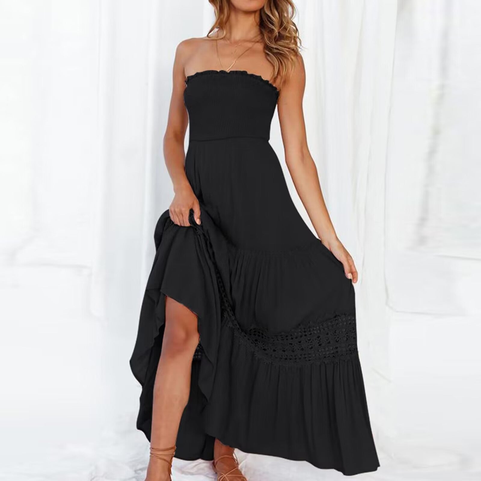 Solid Color Tube Top Hem Long Sleeveless Retro Bohemian Waist Tight Dress