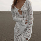 Holiday Front Long Hollow Out Cutout Metal Buckle V neck Long Sleeve Dress Beach Sun Protection Backless Smock Dress Bella Mia