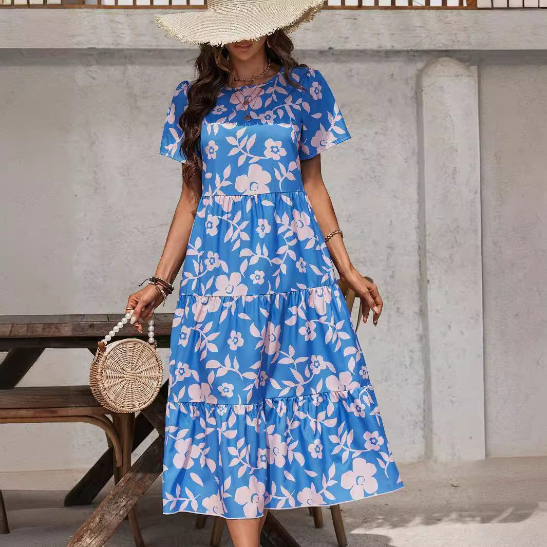 Elegant Ladies Large Floral Multi Layer Ruffled Patchwork Length Dress