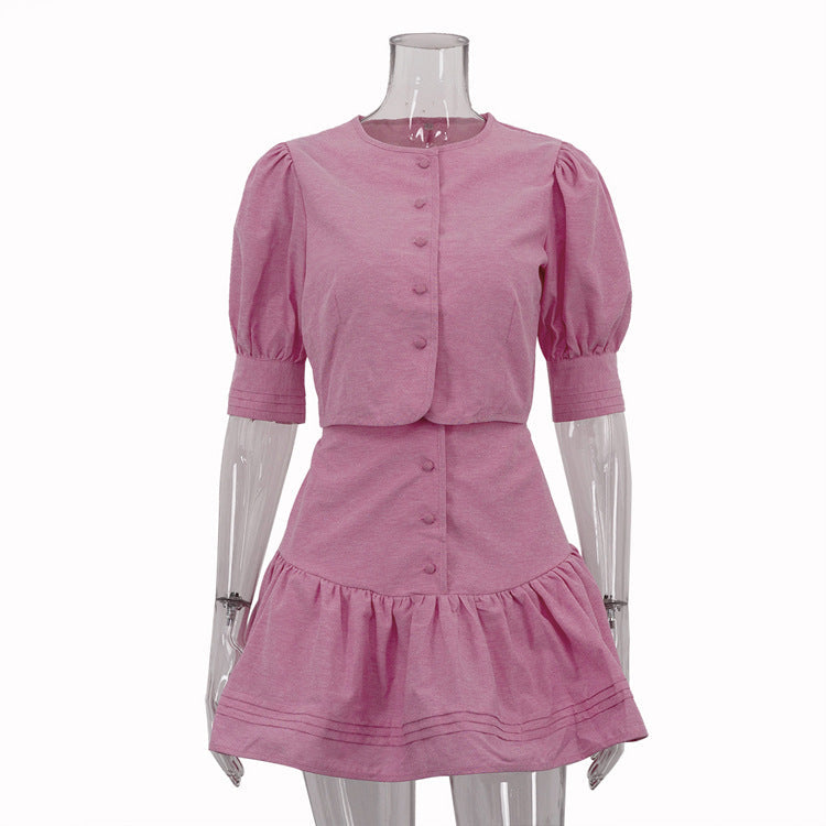 Casual Skirt Outfit Puff Sleeve Short Top Stitching A line Skirt Two Piece Set Bella Mia
