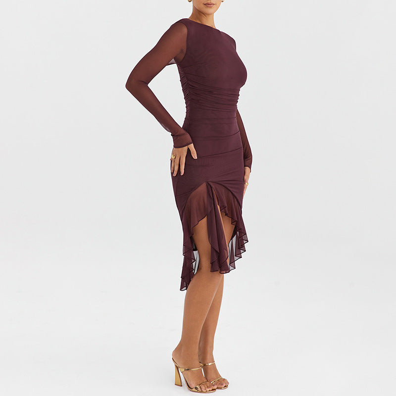 Autumn Sexy Trend Round Neck Slim Fit Long Sleeved Mesh Stitched Backless Sheath Dress Bella Mia