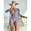 Swimsuit Women Split Long Sleeve Mesh Swimsuit Printed Three Piece Set Bikini Swimsuit