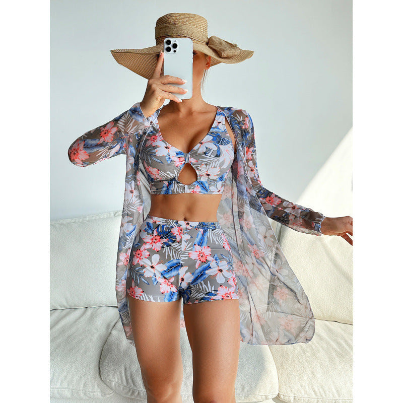Swimsuit Women Split Long Sleeve Mesh Swimsuit Printed Three Piece Set Bikini Swimsuit