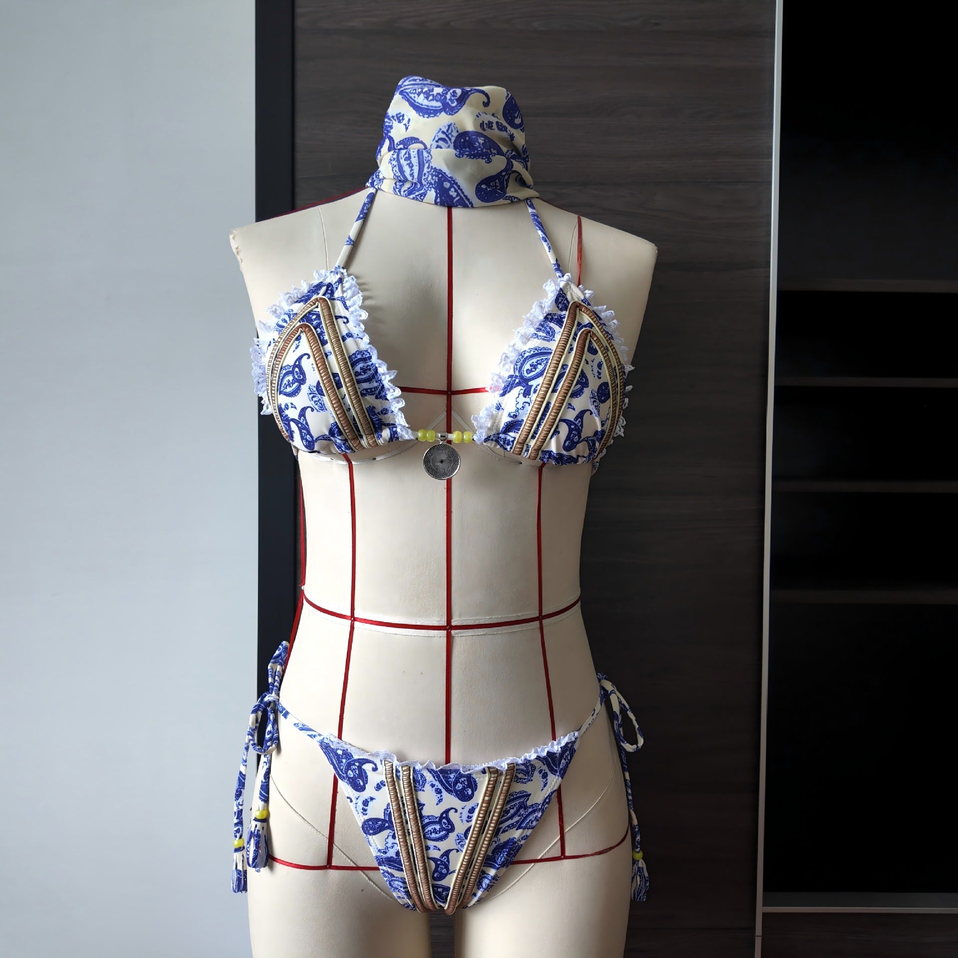 Printed Lace up Split Swimsuit Women Lace Sexy Bikini