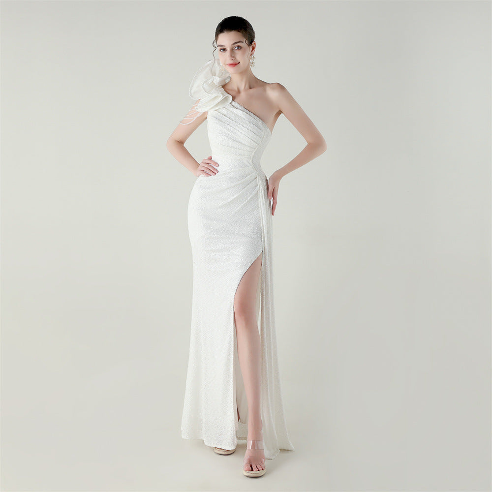 Craft Floral Beaded One Shoulder Diagonal Collar Fishtail Evening Dress Dinner Wedding Awards Ceremony Social Dress Bella Mia