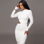 Women Clothing Autumn Crew Neck Long Sleeve Sexy Cutout Pleated Tight Elegant Sheath Dress Women Bella Mia