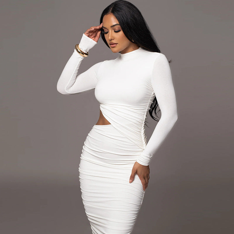 Women Clothing Autumn Crew Neck Long Sleeve Sexy Cutout Pleated Tight Elegant Sheath Dress Women Bella Mia