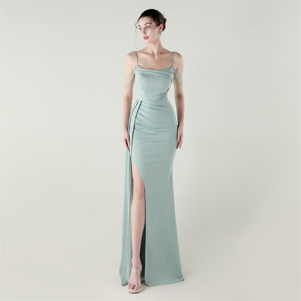 Bandeau Sling Satin Craft Beaded Chain Fishtail Evening Dress Dinner Wedding Ball Bella Mia