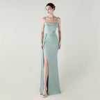 Bandeau Sling Satin Craft Beaded Chain Fishtail Evening Dress Dinner Wedding Ball Bella Mia