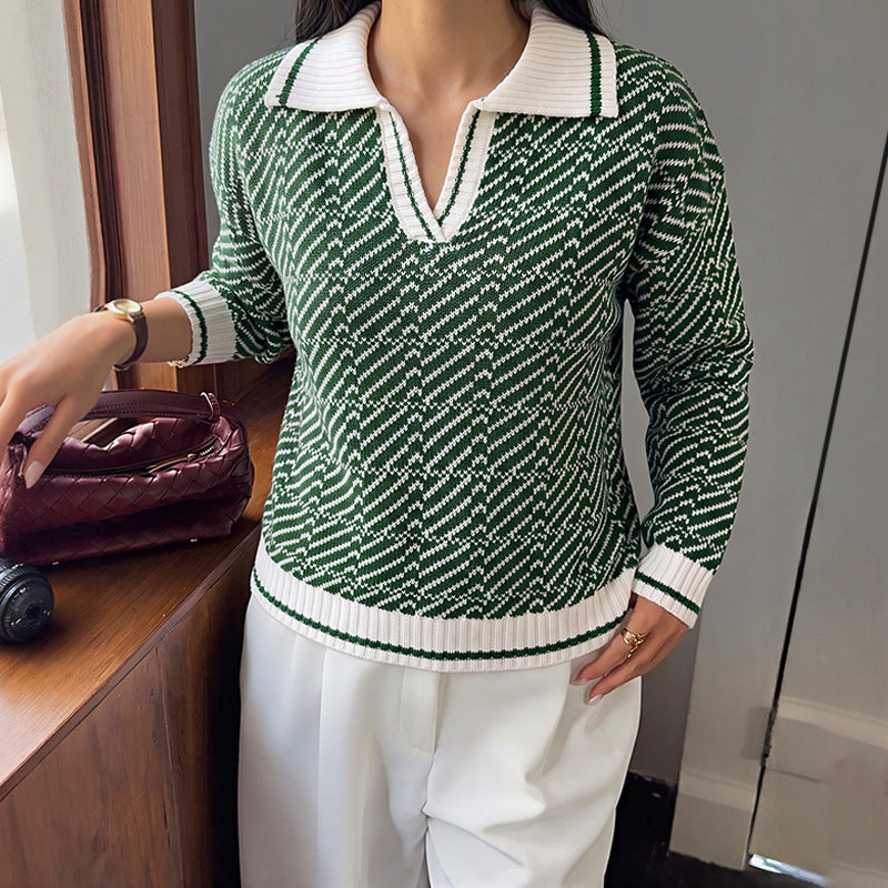 Gentle Fresh Contrast Color Polo Collar Half Cardigan Loose Sweater