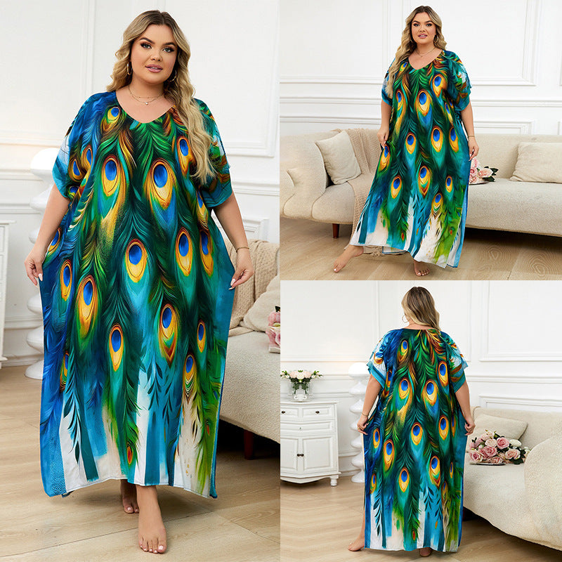 Rayon Positioning Print Holiday Loose Robe Beach Jacket Dress Bikini Cover up Blouse Bella Mia