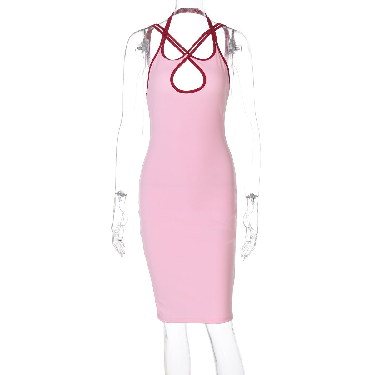 Contrast Color Hollow Out Cutout Slim Fit Dress Women Clothing Spring Halter Backless Lace up Hip Bella Mia