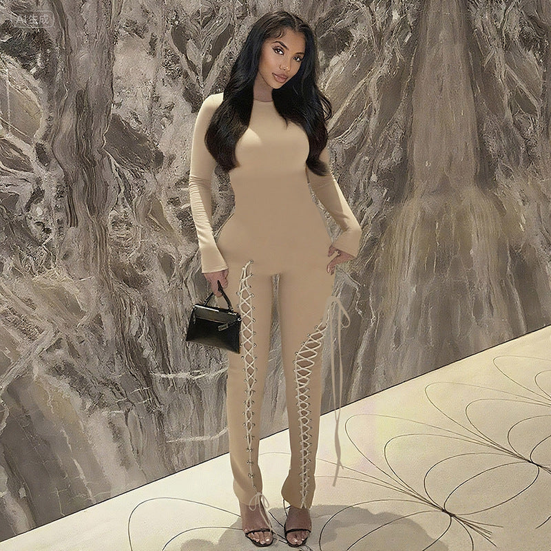 Fall Sexy Solid Color Waist Tight Hollow Out Cutout out Strap Tight Jumpsuit Bella Mia