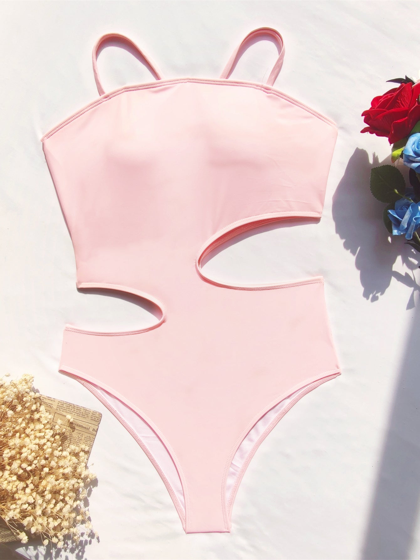 Bikini Double One-Piece Swimsuit Pink Bikini Swimsuit Women Swimwear Hollow Out Cutout out Solid Color Bella Mia