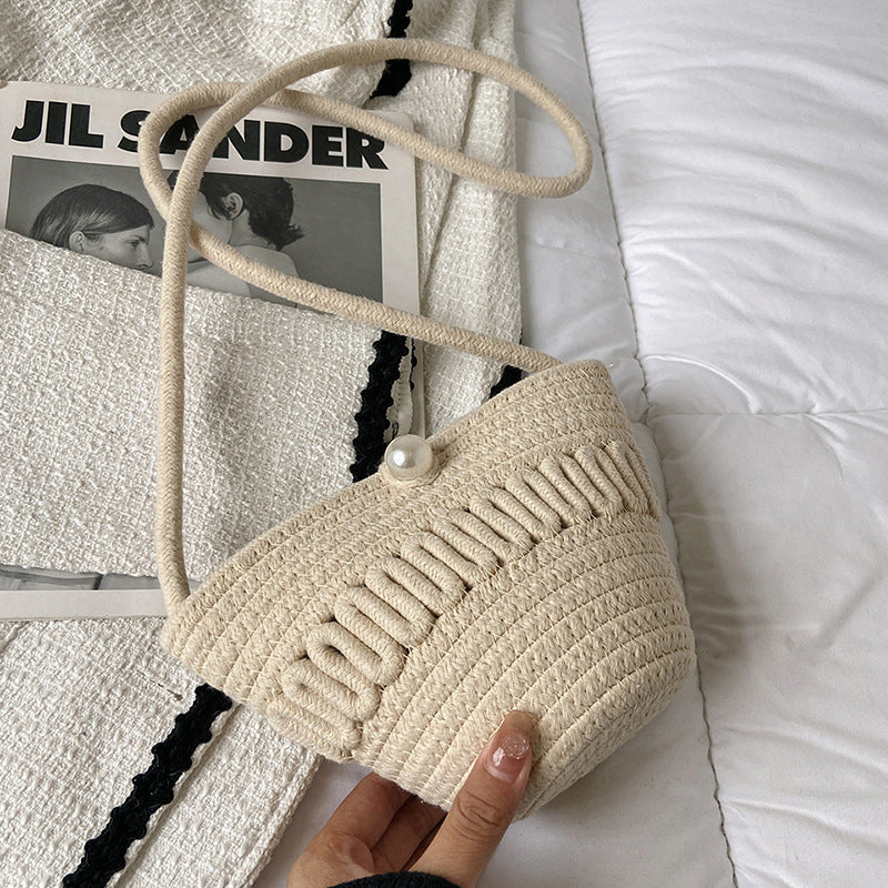 Crossbody Straw Bag Cotton Thread Woven Bag Mobile Phone Change Key Case Hollow Out Cutout Cotton Thread Woven Bag Casual Cute Women Bella Mia