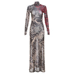 Women Clothing Spring Retro Mesh Personalized Printed Turtleneck Slim Slimming Dress for Women Bella Mia