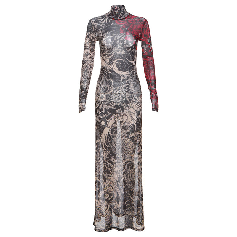 Women Clothing Spring Retro Mesh Personalized Printed Turtleneck Slim Slimming Dress for Women Bella Mia