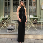 French Women Autumn Slim Fit Crumpled Button round Neck Sleeveless Dress for Women Bella Mia
