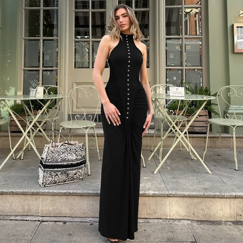 French Women Autumn Slim Fit Crumpled Button round Neck Sleeveless Dress for Women Bella Mia