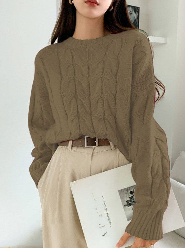 Autumn Winter Women Cable Knit Pullover Sweater Loose round Neck Solid Color All Matching Trendy Knitwear Top Bella Mia