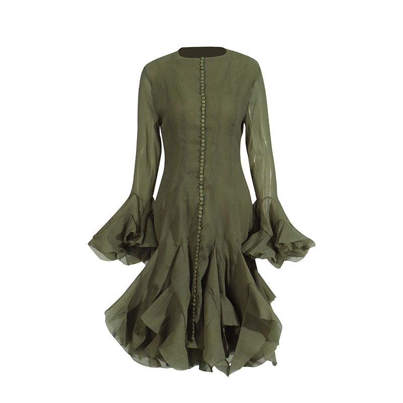 Spring Ruffles Design Waist Tight Slimming Flared Sleeves Dress Women Bella Mia