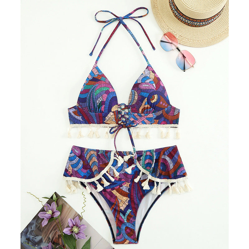Printed Brazilian Ethnic Halter Lace up Tassel Bikini Women Swimsuit Bella Mia