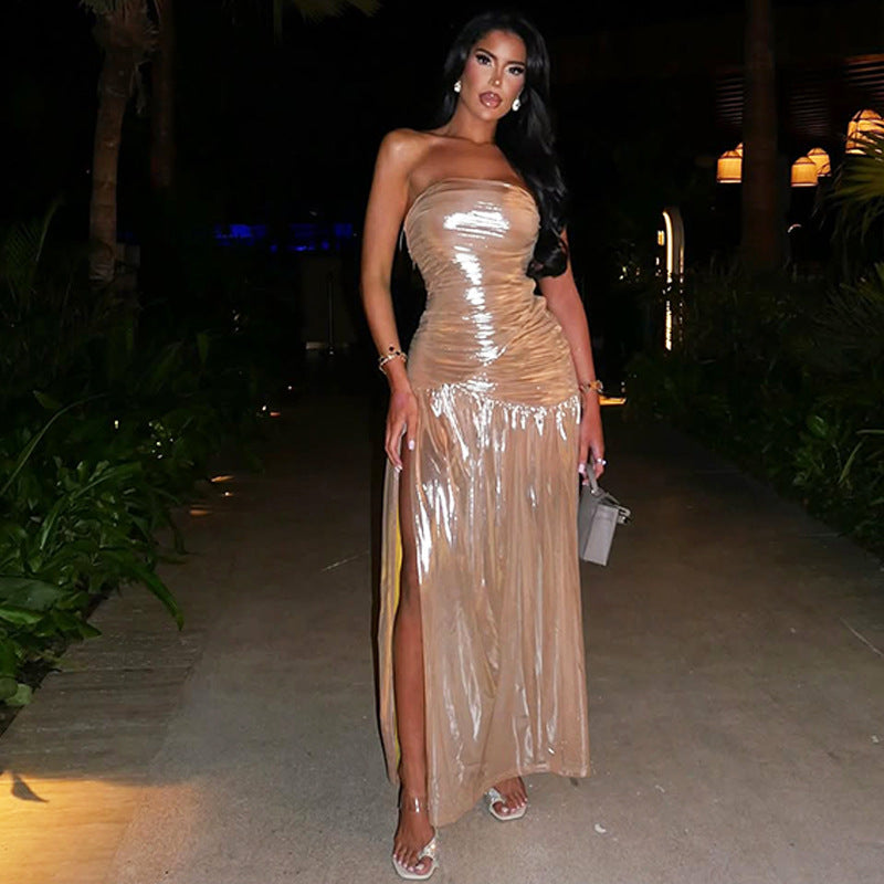 Summer Women Solid Color Sexy Slit Slim Tube Top Dress Bella Mia