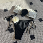 Color Matching Rose Tube Top Lace up Drawstring Strap Split Swimsuit Bikini Bella Mia