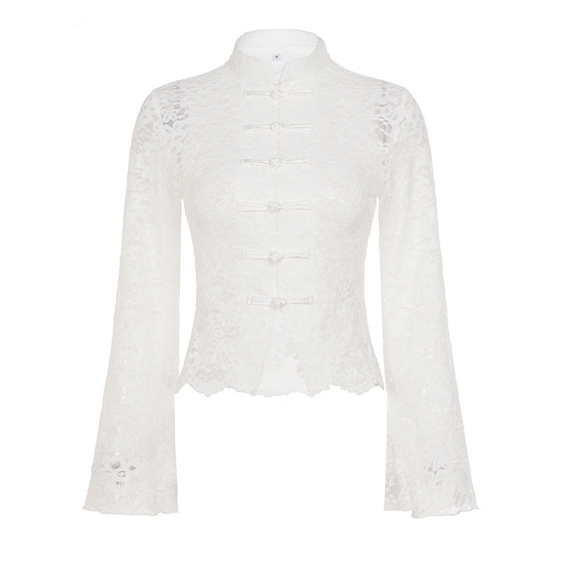 Lace Stitching See through Buckle Flare Sleeve T shirt Ruffles Slim Stand Collar Top Women