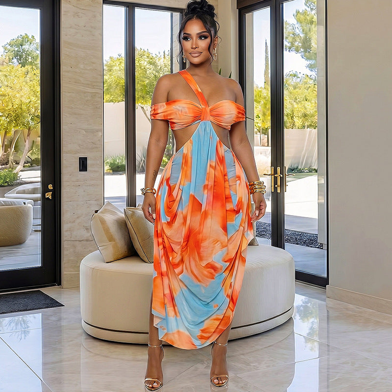 Summer Women Printed Wear Cool Color Matching Wrapped Chest Hip Dress Home Diagonal Collar Backless Maxi Dress