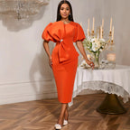Elegant Puff Sleeve round Neck Dress Bow High Waist Slim Fit Party Evening Dress Bella Mia