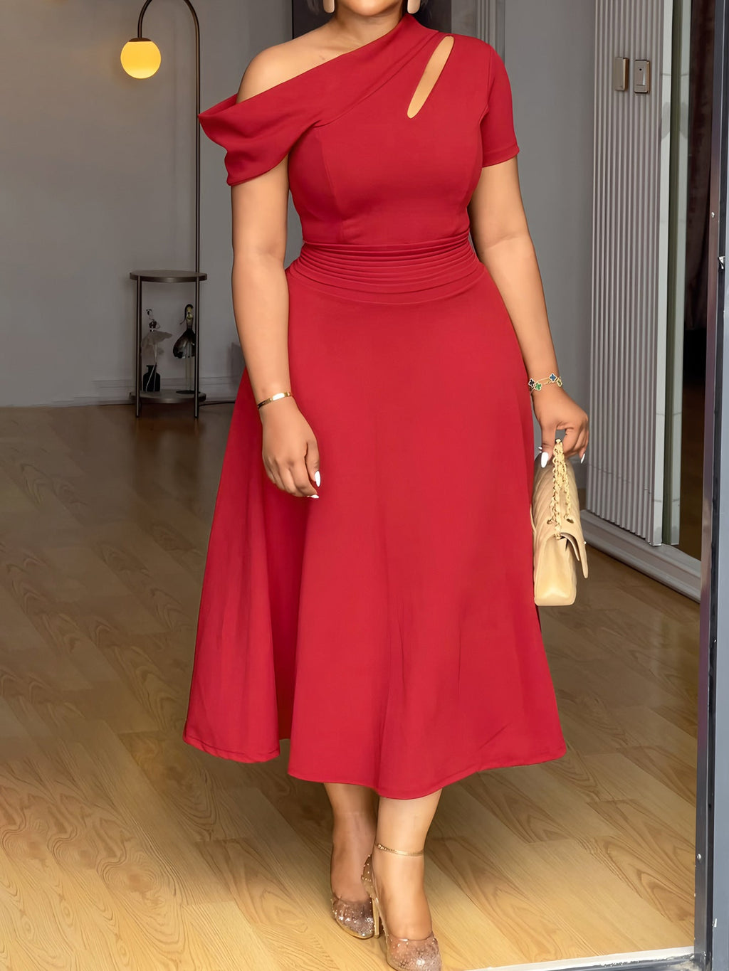 Women Casual off Shoulder Waist Solid Color A line Dress Bella Mia