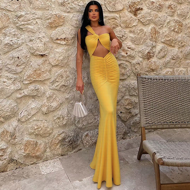 Summer Women Clothing Solid Color One Shoulder Sexy Cutout Pleated Slim Fit Dress Bella Mia
