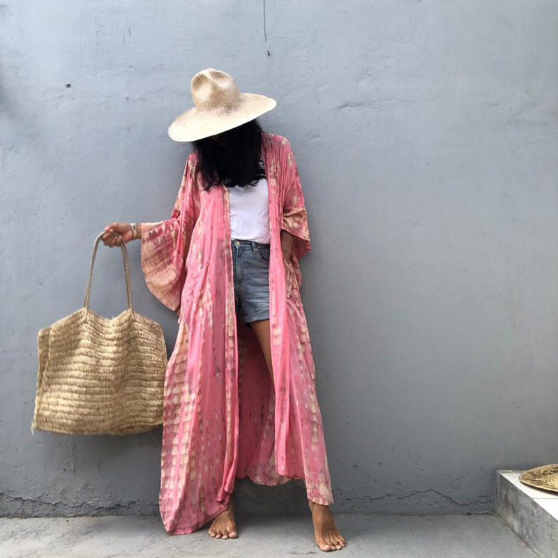 Sunscreen Cardigan Hooded Printed Long Sleeve Long Beach Vacation Swimsuit Outwear Blouse Bella Mia