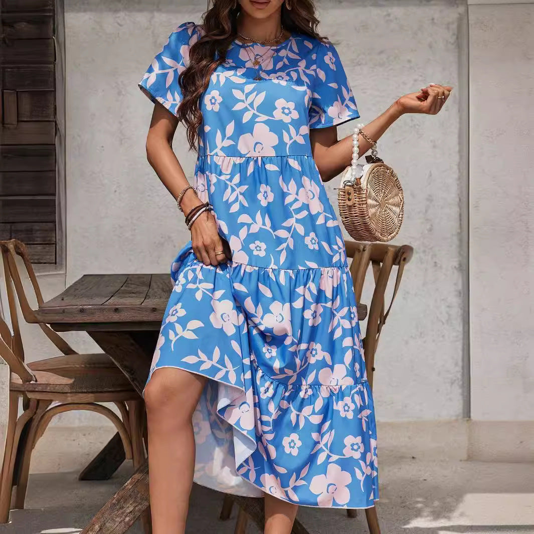 Elegant Ladies Large Floral Multi Layer Ruffled Patchwork Length Dress