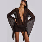 Spring Sexy Deep V Plunge See through Backless Lace up Solid Color Sheath Short Dress Women Bella Mia