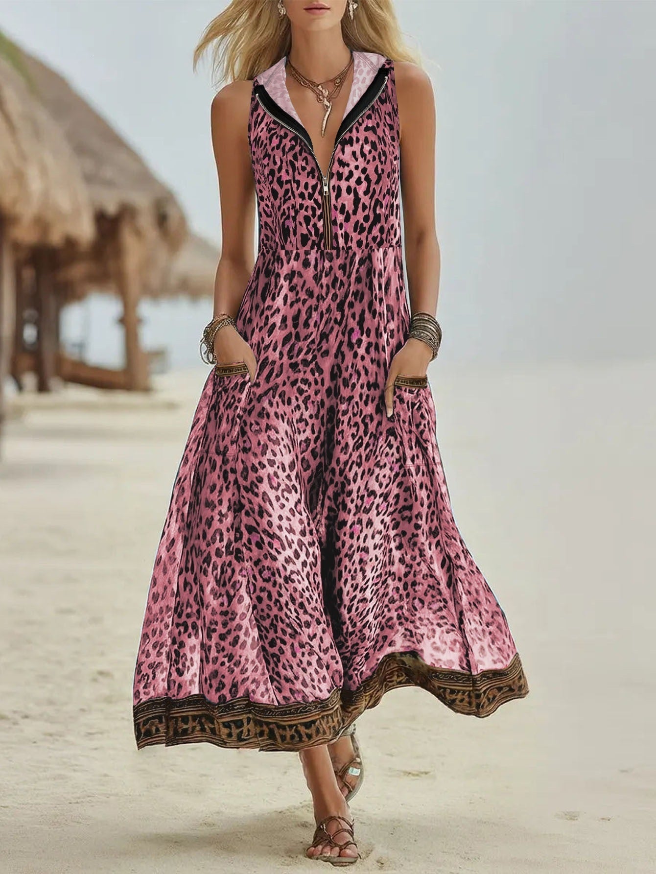 Casual Leopard Print Printed Dress Hooded Zipper Pocket Beach Dress