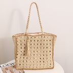 Square Tassel Shoulder Straw Bag Fresh Hollow Out Cutout Handmade Straw Bag Woven Bag Women Seaside Vacation Beach Bag Bella Mia