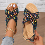 Black Paillette Double Cross Women Beach Sandals Bare Strap Comfortable Women Flat Sandals Bella Mia