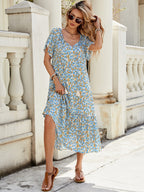 V neck Short Sleeve Hollow Out Cutout Lace Stitching Flounced Pastoral Vacation Dress Bella Mia
