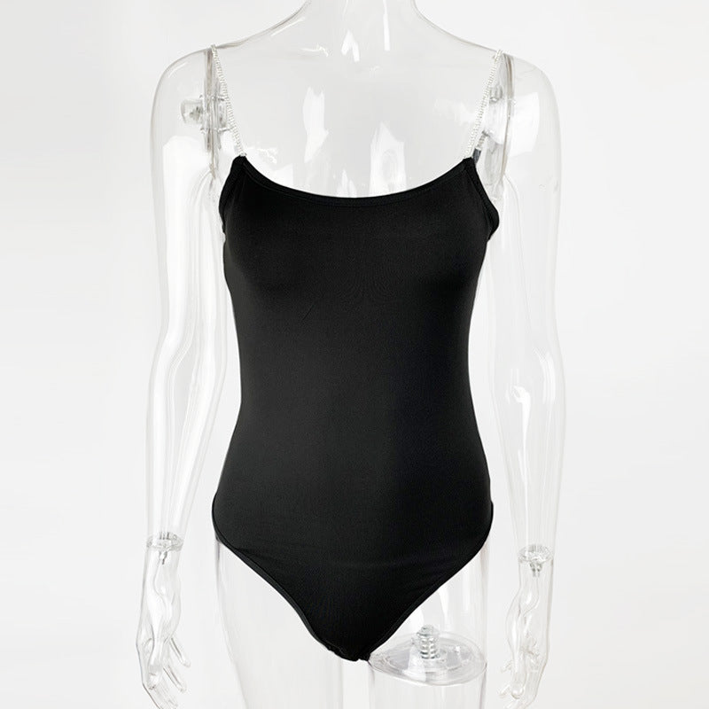 Summer Women Clothing Diamond Chain Slim Top Sexy Low-Cut Sling Bodysuit Bella Mia