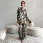 Autumn Satin Leopard Print Soft Comfortable Pajamas Long Sleeved Trousers Women Homewear Bella Mia