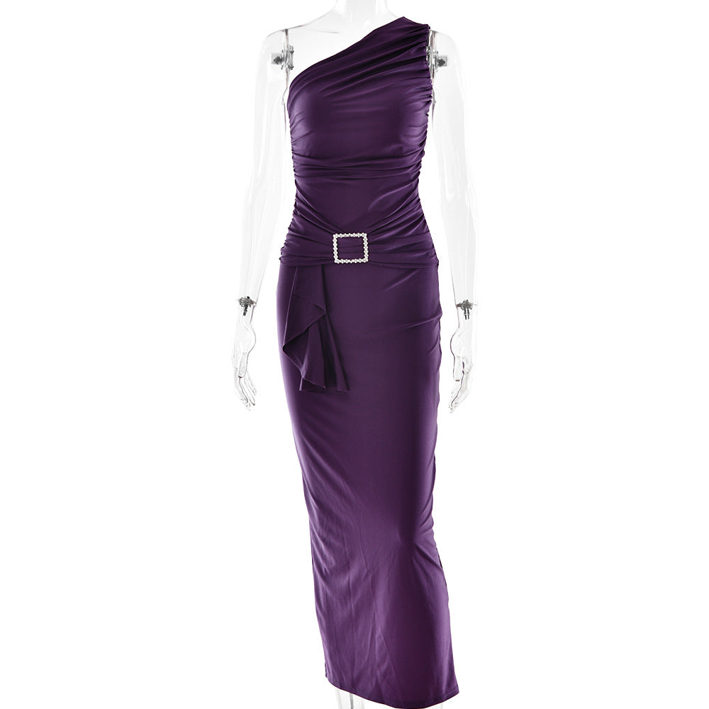 Women Wear Maxi Dress Sexy One Shoulder Pleated Sheath Dress Bella Mia