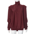 Women Clothing Autumn Winter Turtleneck Padded Shoulder Loose Pleated Sexy Backless Dress Bella Mia