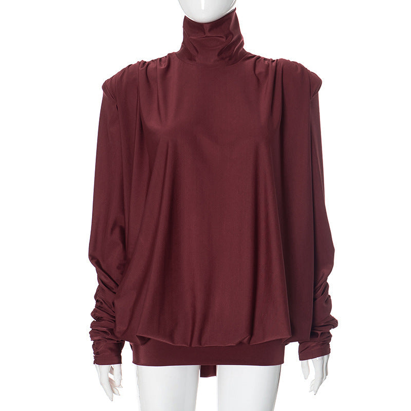 Women Clothing Autumn Winter Turtleneck Padded Shoulder Loose Pleated Sexy Backless Dress Bella Mia
